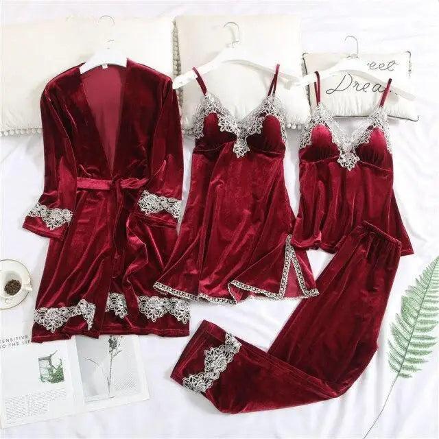 Trendy New Four Pieces Warm Winter Pajamas Sets Women Stylish Lace Robe Pajama Sleepwear Suit Sleeveless Nightwear Women's Sleepwear Set 4-Piece Women's Pajamas Elegant Comfortable Loungewear Satin Sleepwear with Robe Nightgown Pants