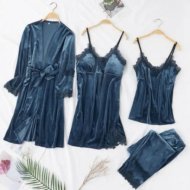 Trendy New Four Pieces Warm Winter Pajamas Sets Women Stylish Lace Robe Pajama Sleepwear Suit Sleeveless Nightwear Women's Sleepwear Set 4-Piece Women's Pajamas Elegant Comfortable Loungewear Satin Sleepwear with Robe Nightgown Pants