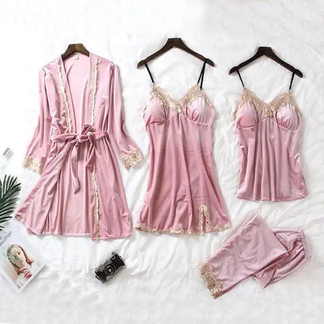 Trendy New Four Pieces Warm Winter Pajamas Sets Women Stylish Lace Robe Pajama Sleepwear Suit Sleeveless Nightwear Women's Sleepwear Set 4-Piece Women's Pajamas Elegant Comfortable Loungewear Satin Sleepwear with Robe Nightgown Pants