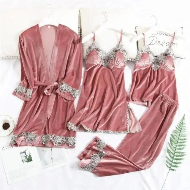 Trendy New Four Pieces Warm Winter Pajamas Sets Women Stylish Lace Robe Pajama Sleepwear Suit Sleeveless Nightwear Women's Sleepwear Set 4-Piece Women's Pajamas Elegant Comfortable Loungewear Satin Sleepwear with Robe Nightgown Pants