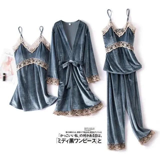 Trendy New Four Pieces Warm Winter Pajamas Sets Women Stylish Lace Robe Pajama Sleepwear Suit Sleeveless Nightwear Women's Sleepwear Set 4-Piece Women's Pajamas Elegant Comfortable Loungewear Satin Sleepwear with Robe Nightgown Pants