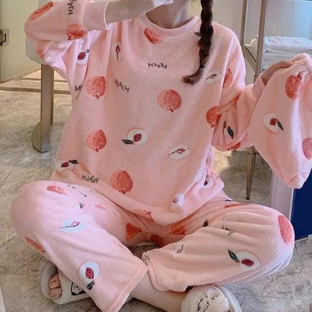 Trendy Pajama Women Thick Flannel Warm Female Winter Pajama Set Long Sleeve Full Trousers Two Piece Pajamas Cartoon Pajamas Women Pajamas Set Sleepwear Autumn Plus Size Top Long Pant Sleepwear Girls Pajamas