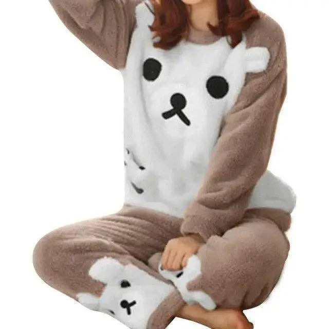 Trendy Pajama Women Thick Flannel Warm Female Winter Pajama Set Long Sleeve Full Trousers Two Piece Pajamas Cartoon Pajamas Women Pajamas Set Sleepwear Autumn Plus Size Top Long Pant Sleepwear Girls Pajamas