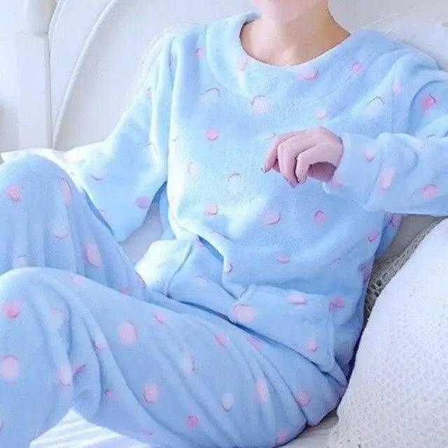 Trendy Pajama Women Thick Flannel Warm Female Winter Pajama Set Long Sleeve Full Trousers Two Piece Pajamas Cartoon Pajamas Women Pajamas Set Sleepwear Autumn Plus Size Top Long Pant Sleepwear Girls Pajamas