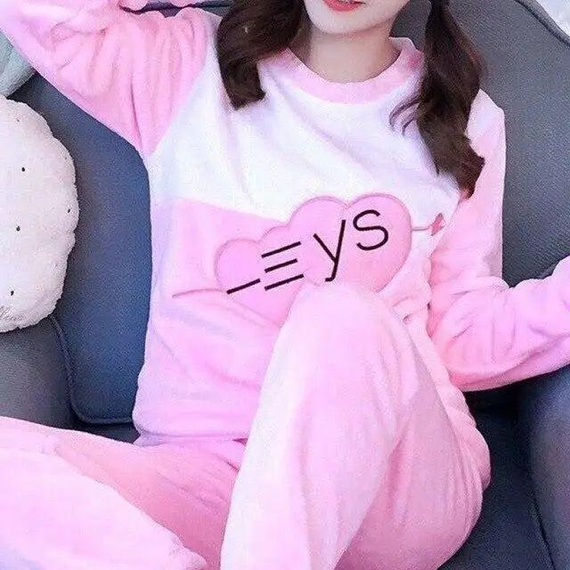 Trendy Pajama Women Thick Flannel Warm Female Winter Pajama Set Long Sleeve Full Trousers Two Piece Pajamas Cartoon Pajamas Women Pajamas Set Sleepwear Autumn Plus Size Top Long Pant Sleepwear Girls Pajamas