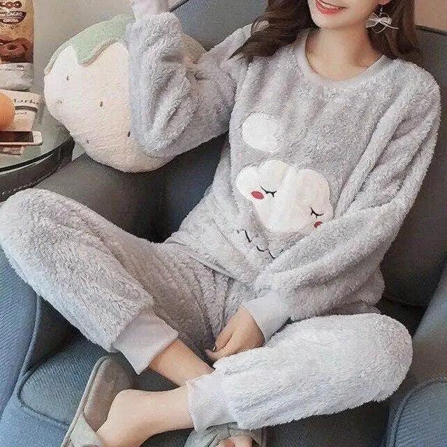 Trendy Pajama Women Thick Flannel Warm Female Winter Pajama Set Long Sleeve Full Trousers Two Piece Pajamas Cartoon Pajamas Women Pajamas Set Sleepwear Autumn Plus Size Top Long Pant Sleepwear Girls Pajamas