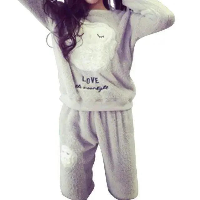 Trendy Pajama Women Thick Flannel Warm Female Winter Pajama Set Long Sleeve Full Trousers Two Piece Pajamas Cartoon Pajamas Women Pajamas Set Sleepwear Autumn Plus Size Top Long Pant Sleepwear Girls Pajamas