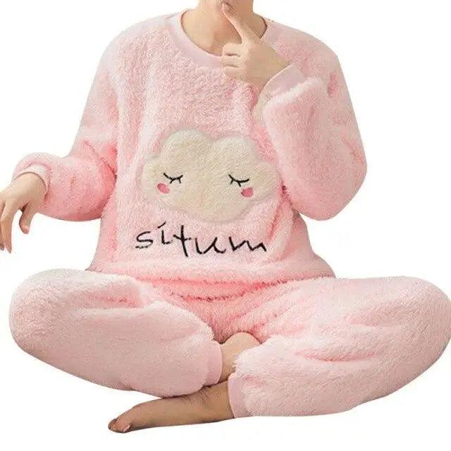Trendy Pajama Women Thick Flannel Warm Female Winter Pajama Set Long Sleeve Full Trousers Two Piece Pajamas Cartoon Pajamas Women Pajamas Set Sleepwear Autumn Plus Size Top Long Pant Sleepwear Girls Pajamas