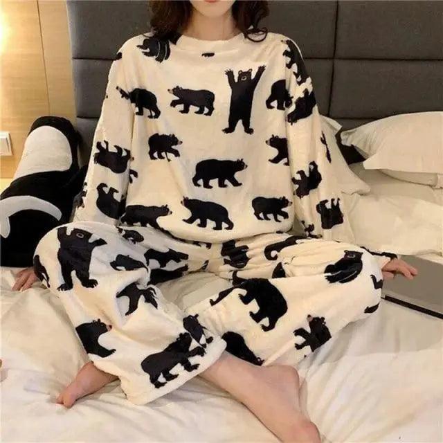 Trendy Pajama Women Thick Flannel Warm Female Winter Pajama Set Long Sleeve Full Trousers Two Piece Pajamas Cartoon Pajamas Women Pajamas Set Sleepwear Autumn Plus Size Top Long Pant Sleepwear Girls Pajamas