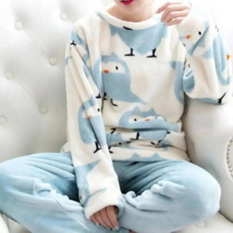 Trendy Pajama Women Thick Flannel Warm Female Winter Pajama Set Long Sleeve Full Trousers Two Piece Pajamas Cartoon Pajamas Women Pajamas Set Sleepwear Autumn Plus Size Top Long Pant Sleepwear Girls Pajamas