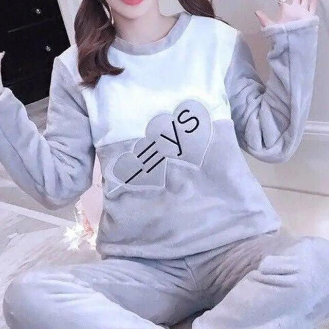 Trendy Pajama Women Thick Flannel Warm Female Winter Pajama Set Long Sleeve Full Trousers Two Piece Pajamas Cartoon Pajamas Women Pajamas Set Sleepwear Autumn Plus Size Top Long Pant Sleepwear Girls Pajamas
