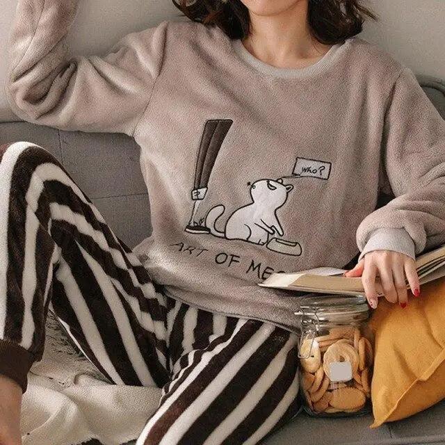 Trendy Pajama Women Thick Flannel Warm Female Winter Pajama Set Long Sleeve Full Trousers Two Piece Pajamas Cartoon Pajamas Women Pajamas Set Sleepwear Autumn Plus Size Top Long Pant Sleepwear Girls Pajamas