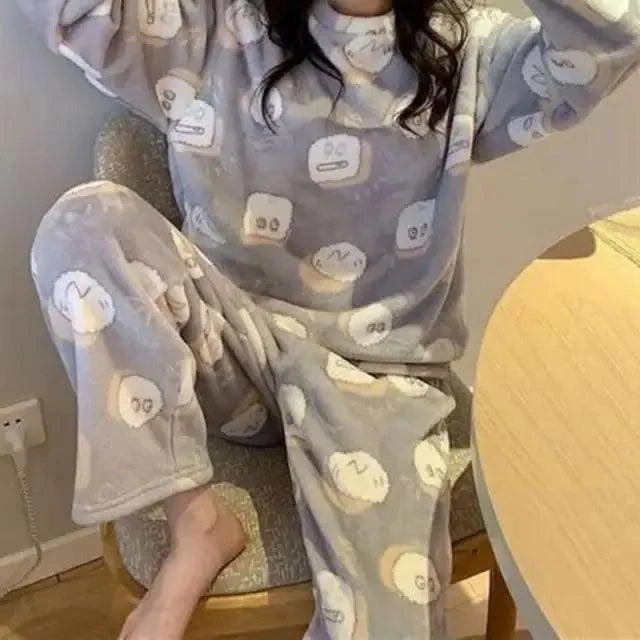 Trendy Pajama Women Thick Flannel Warm Female Winter Pajama Set Long Sleeve Full Trousers Two Piece Pajamas Cartoon Pajamas Women Pajamas Set Sleepwear Autumn Plus Size Top Long Pant Sleepwear Girls Pajamas
