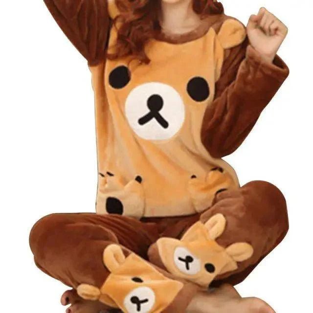 Trendy Pajama Women Thick Flannel Warm Female Winter Pajama Set Long Sleeve Full Trousers Two Piece Pajamas Cartoon Pajamas Women Pajamas Set Sleepwear Autumn Plus Size Top Long Pant Sleepwear Girls Pajamas