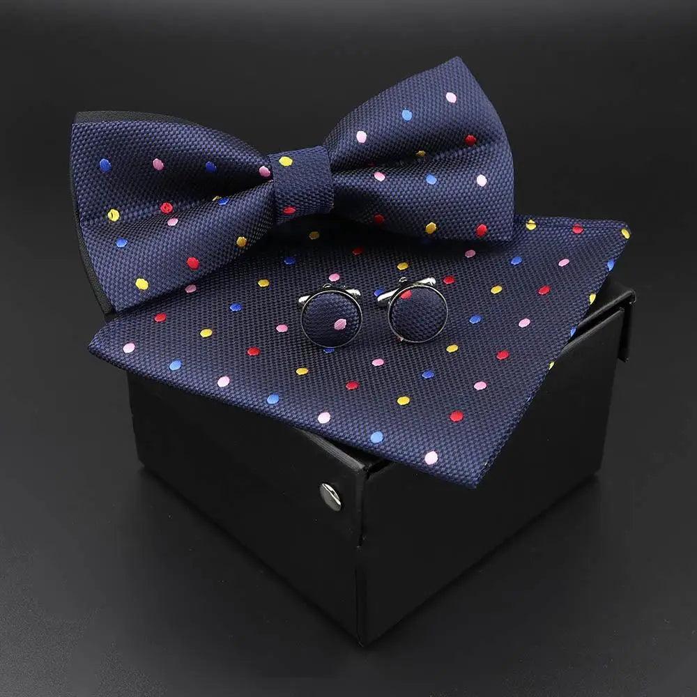 Trendy Tiny Dots Print Bowtie With Pocket Square And Cufflinks Set For Men Retro Butterfly Party Wedding Bowties Without Box Stylish Ties Gift