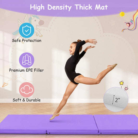 6 x 2 FT Tri-Fold Gym Mat with Handles and Removable Zippered Cover-Purple
