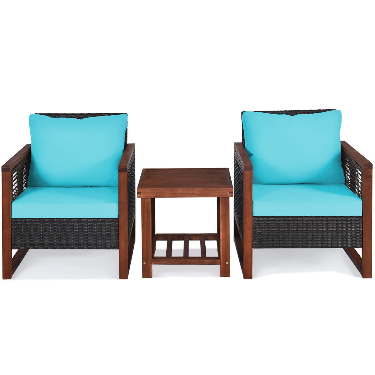 3 Pieces Patio Wicker Furniture Set with Washable Cushion and Acacia Wood Coffee Table-Beige
