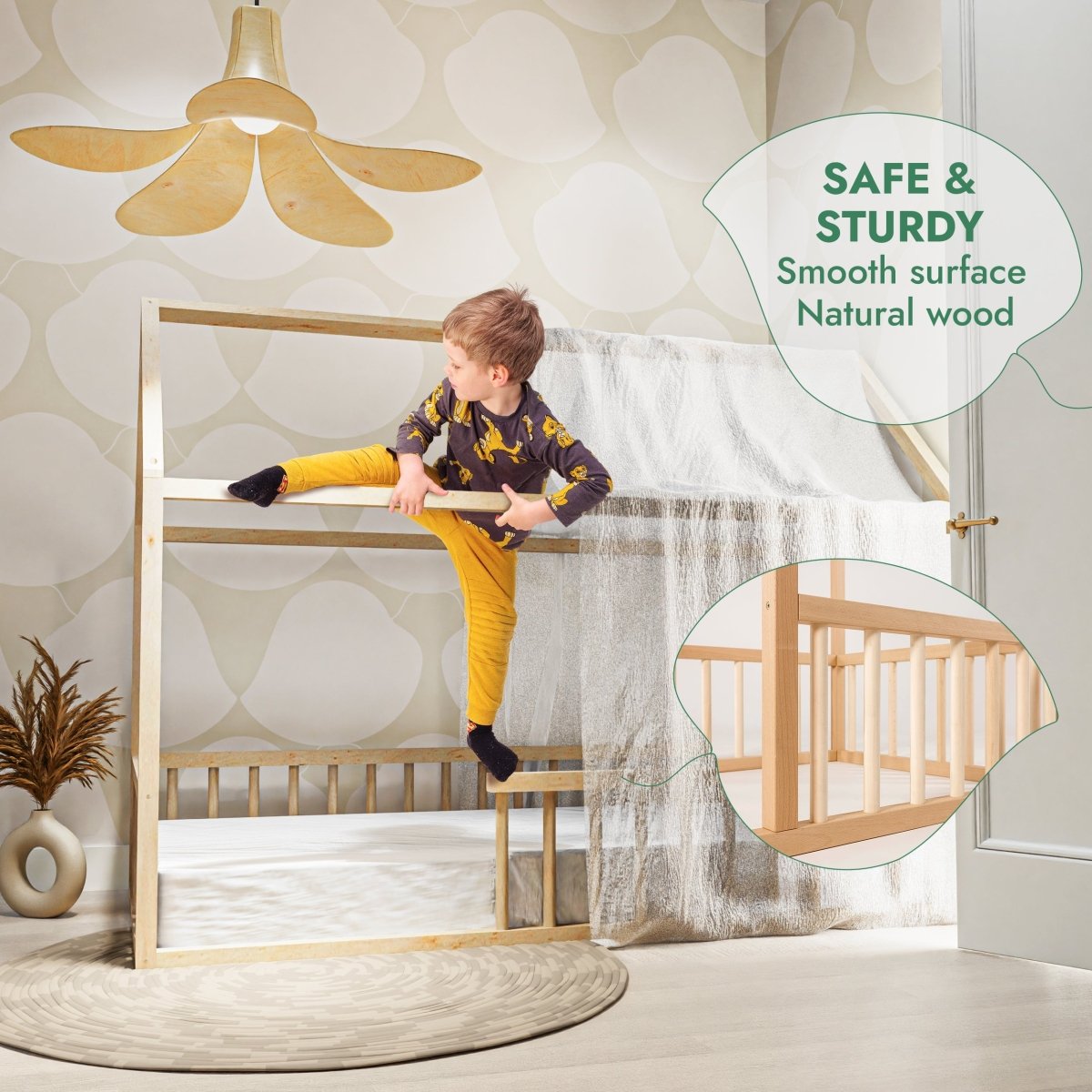 Montessori House Bed for Kids with Fence