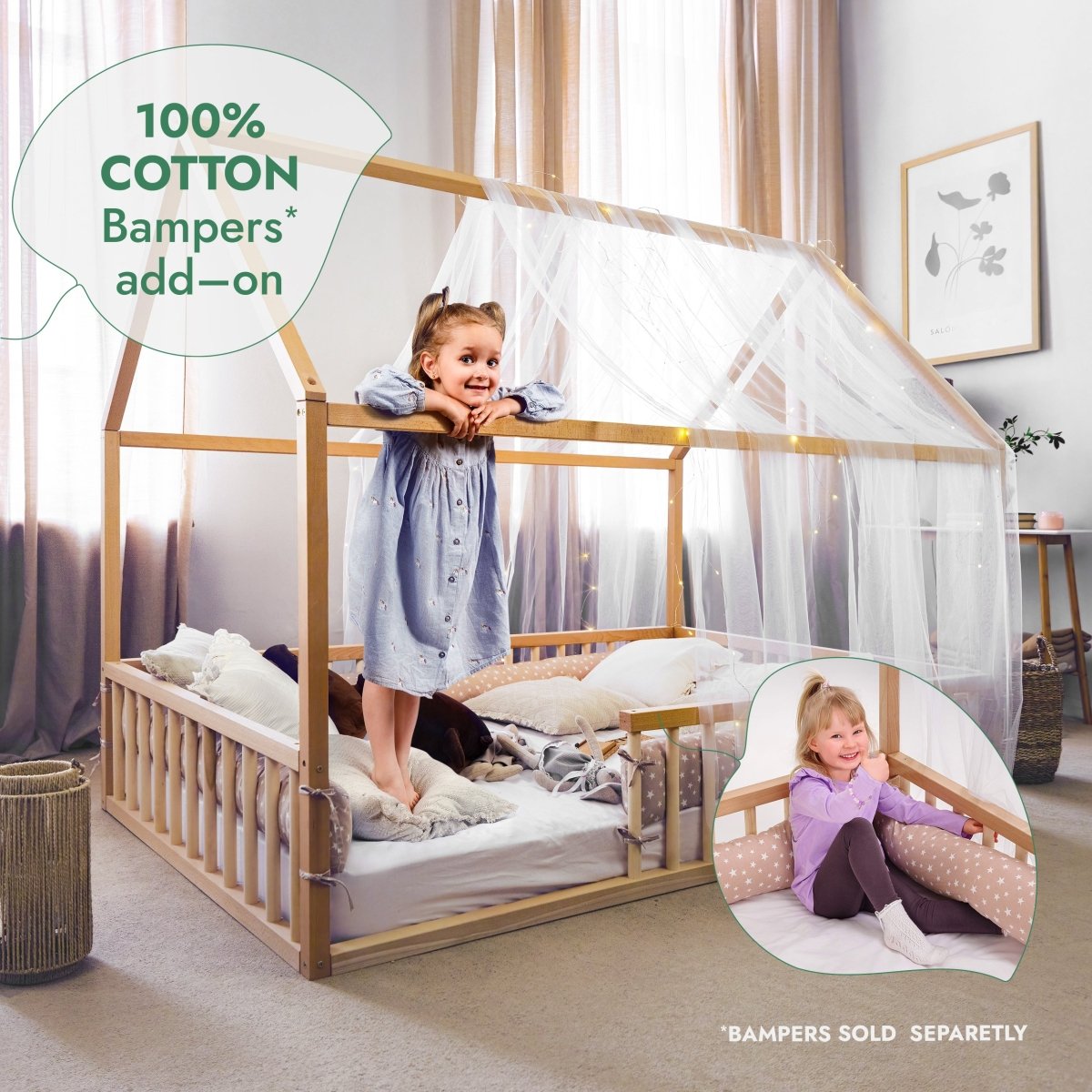 Montessori House Bed for Kids with Fence