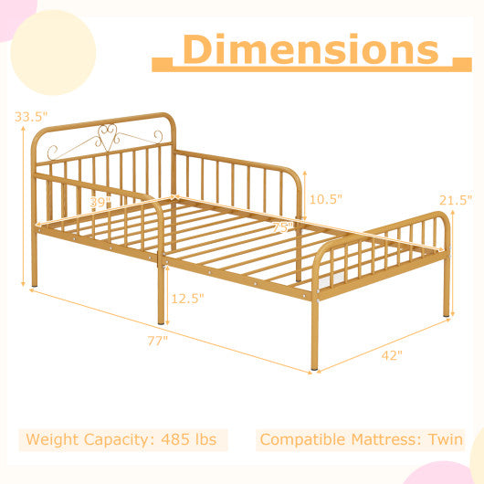 Twin Size Bed Frame with Headboard and Safety Side Guardrails-Gold