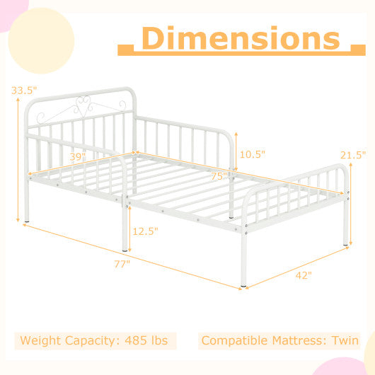 Twin Size Bed Frame with Headboard and Safety Side Guardrails-White