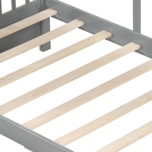 Twin Size House Bed with 2 Storage Drawers and Fence Guardrails-Gray