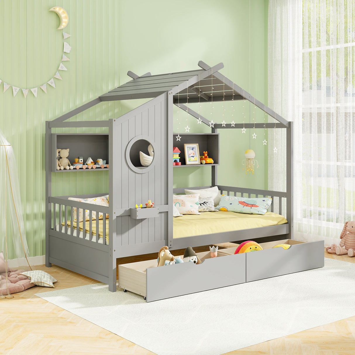 Twin Size House Bed with 2 Storage Drawers and Fence Guardrails-Gray