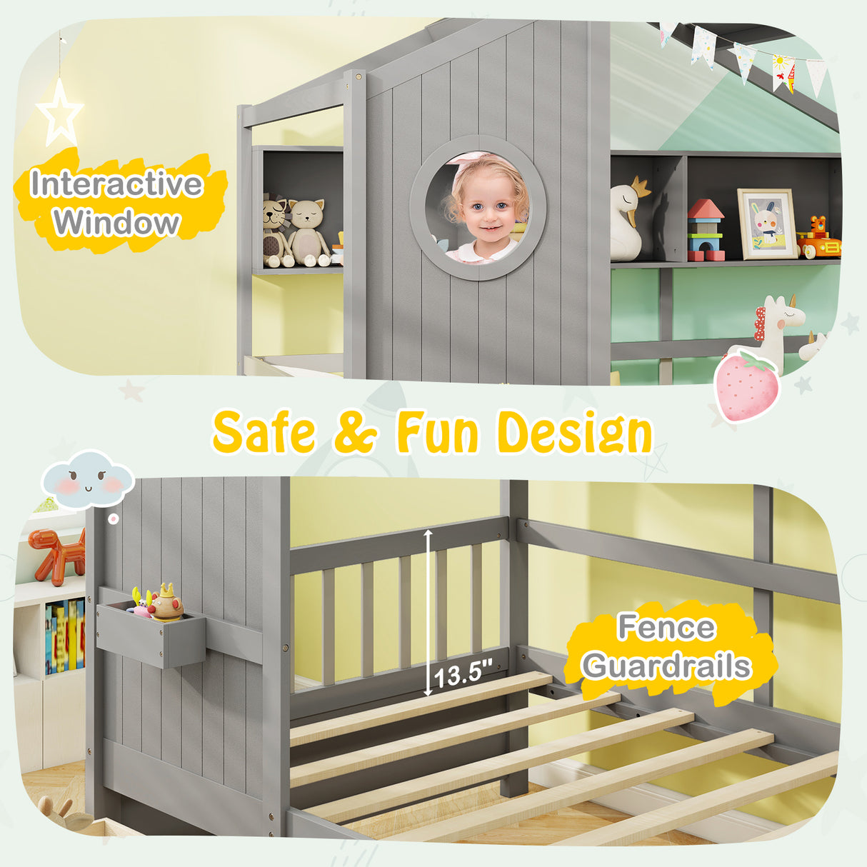 Twin Size House Bed with 2 Storage Drawers and Fence Guardrails-Gray