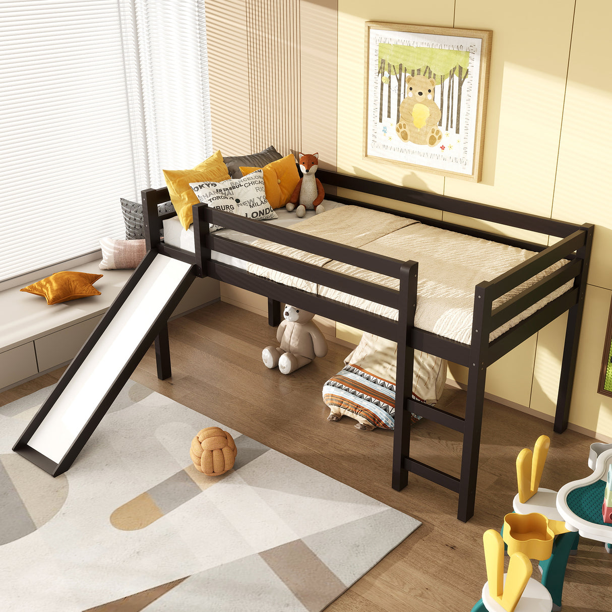Twin Size Low Sturdy Loft Bed with Slide Wood-Dark Brown