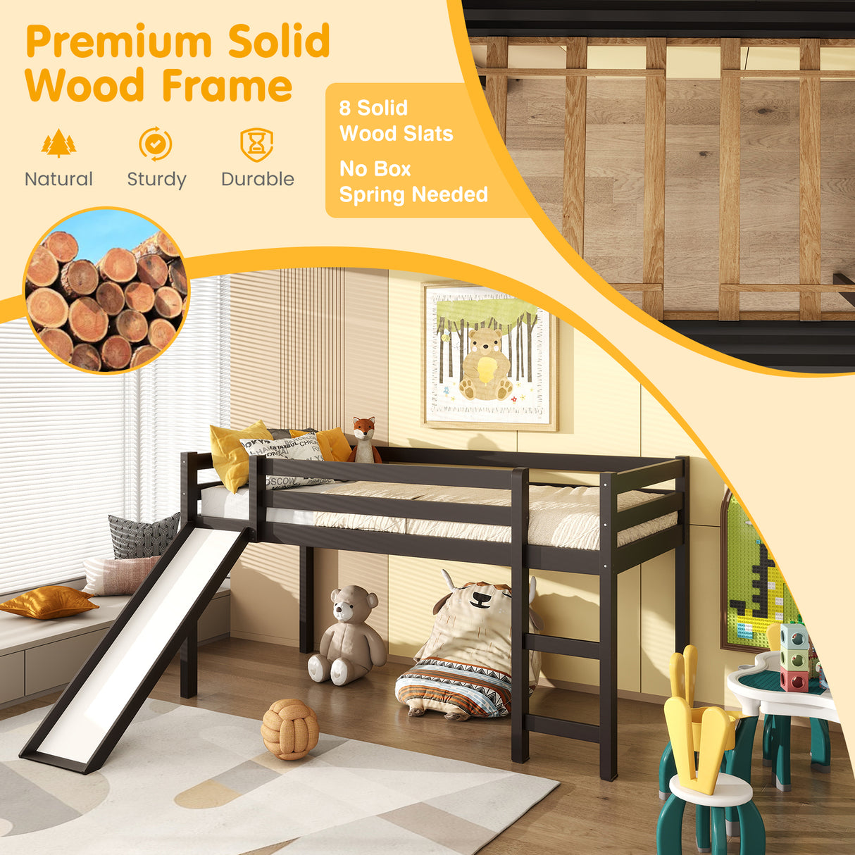 Twin Size Low Sturdy Loft Bed with Slide Wood-Dark Brown