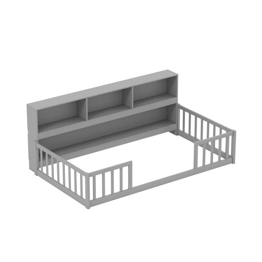 Twin Size Montessori Floor Bed with Bookcase-Gray