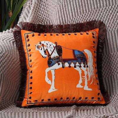 Unique Designed European American Luxury Printed Polyester Cushion Cover Horse printed Lumbar Cover Tassel Edge Modern Throw Pillow Covers Square Decorative Set Cushion Covers For Home Bed Couch Sofa Bench