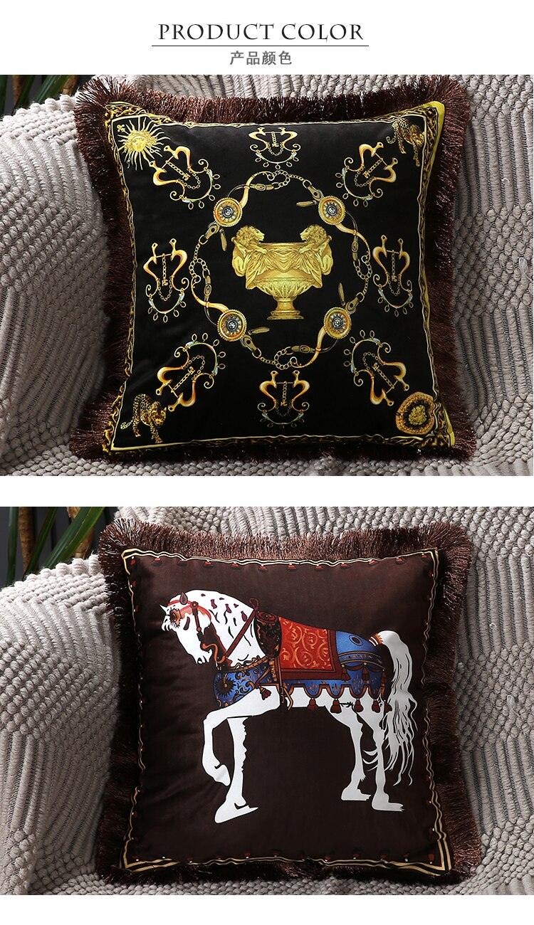 Unique Designed European American Luxury Printed Polyester Cushion Cover Horse printed Lumbar Cover Tassel Edge Modern Throw Pillow Covers Square Decorative Set Cushion Covers For Home Bed Couch Sofa Bench