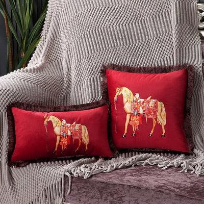 Unique Designed European American Luxury Printed Polyester Cushion Cover Horse printed Lumbar Cover Tassel Edge Modern Throw Pillow Covers Square Decorative Set Cushion Covers For Home Bed Couch Sofa Bench