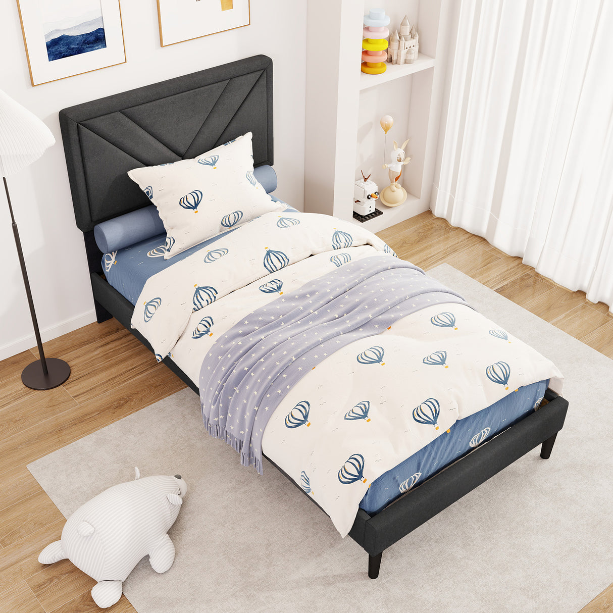 Upholstered Platform Bed with Tufted Headboard and Wooden Slats-Twin Size