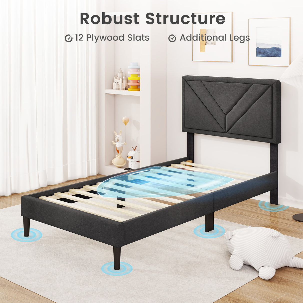 Upholstered Platform Bed with Tufted Headboard and Wooden Slats-Twin Size