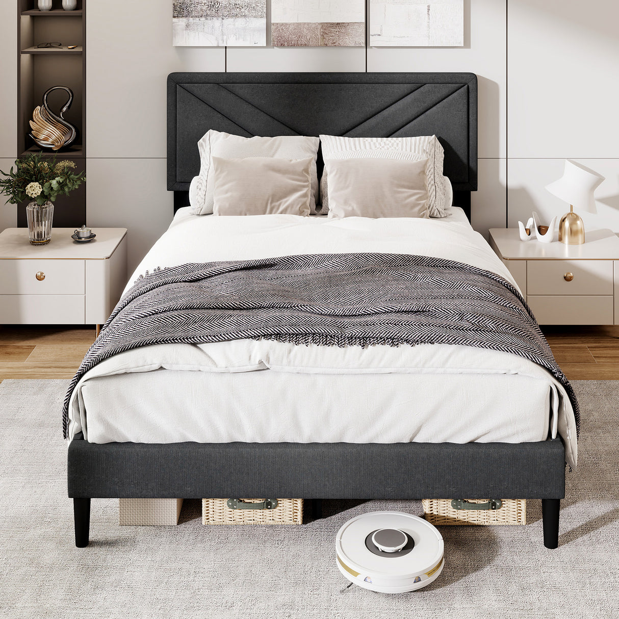 Upholstered Platform Bed with Tufted Headboard and Wooden Slats-Full Size