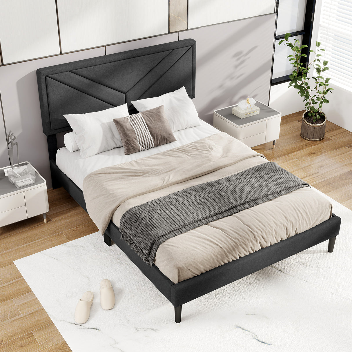 Upholstered Platform Bed with Tufted Headboard and Wooden Slats-Full Size