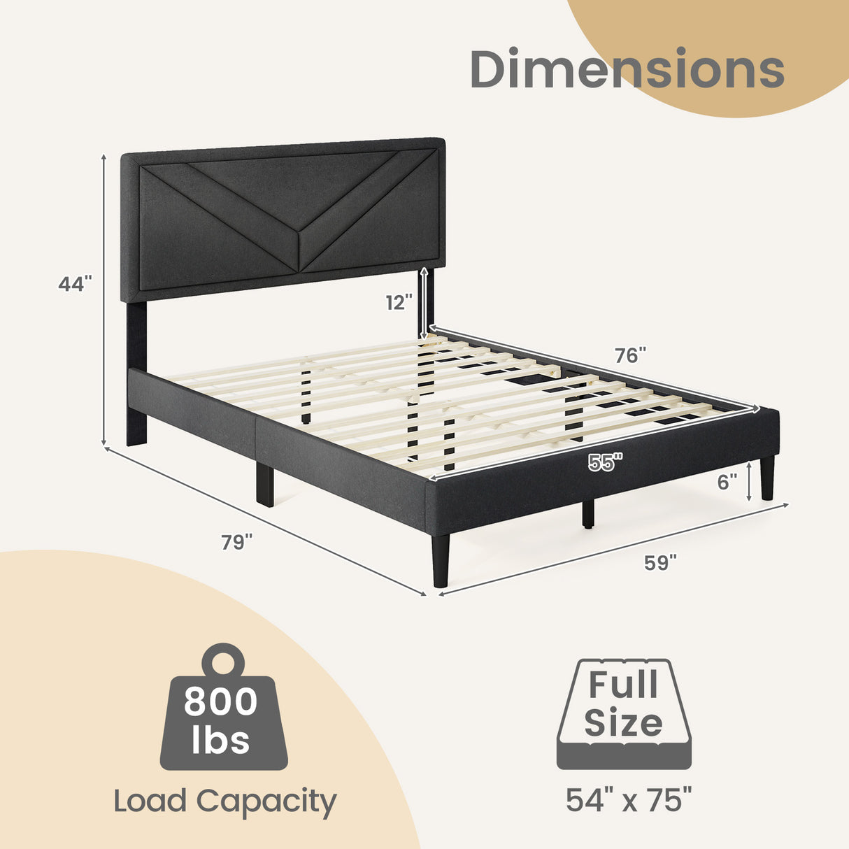 Upholstered Platform Bed with Tufted Headboard and Wooden Slats-Full Size