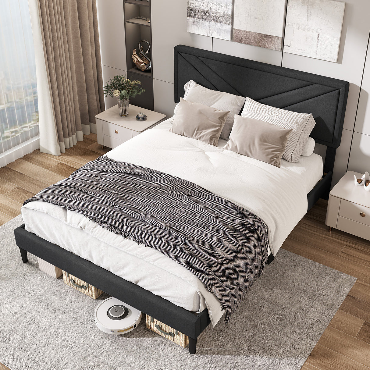 Upholstered Platform Bed with Tufted Headboard and Wooden Slats-Queen Size