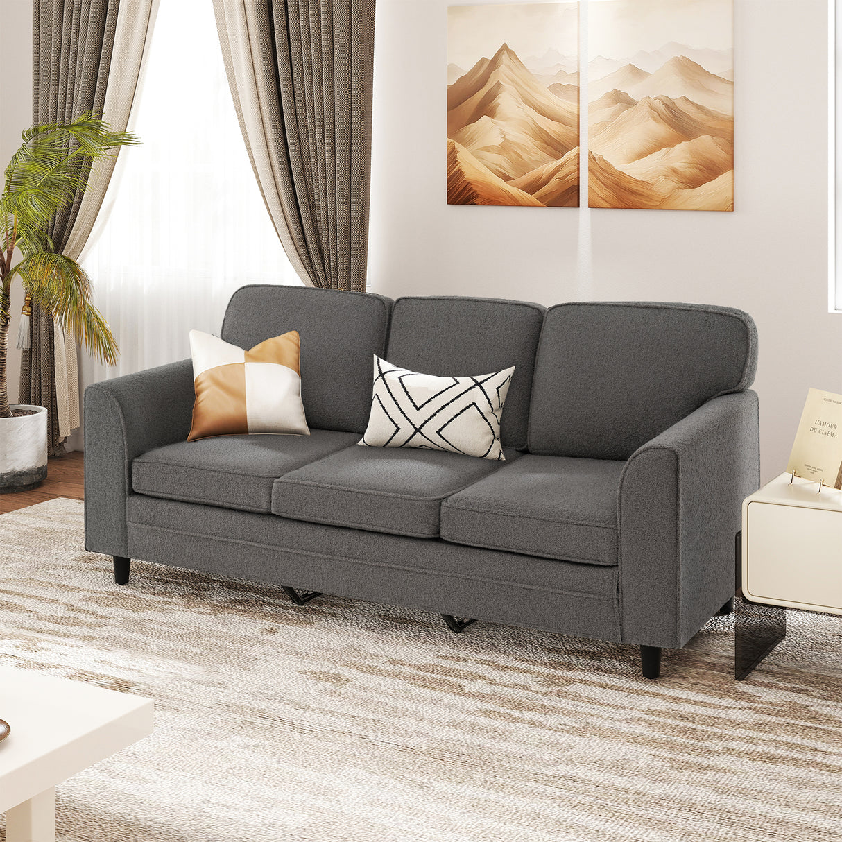 Upholstered Teddy Velvet 3-Seat Sofa with Comfy Back Pillows-Gray