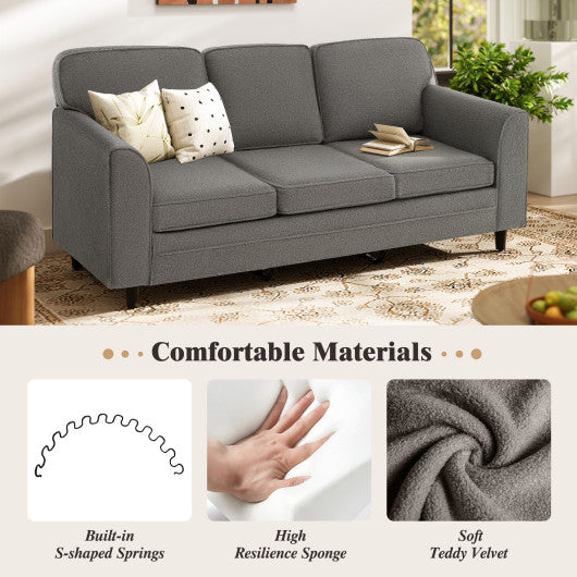 Upholstered Teddy Velvet 3-Seat Sofa with Comfy Back Pillows-Gray