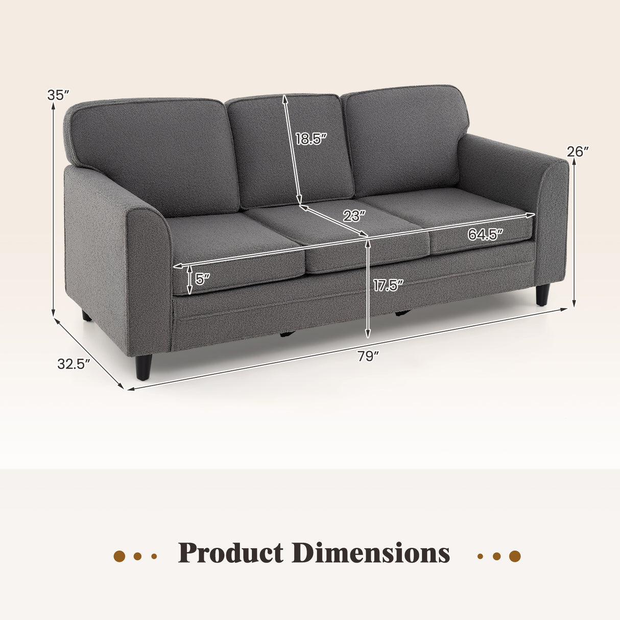 Upholstered Teddy Velvet 3-Seat Sofa with Comfy Back Pillows-Gray