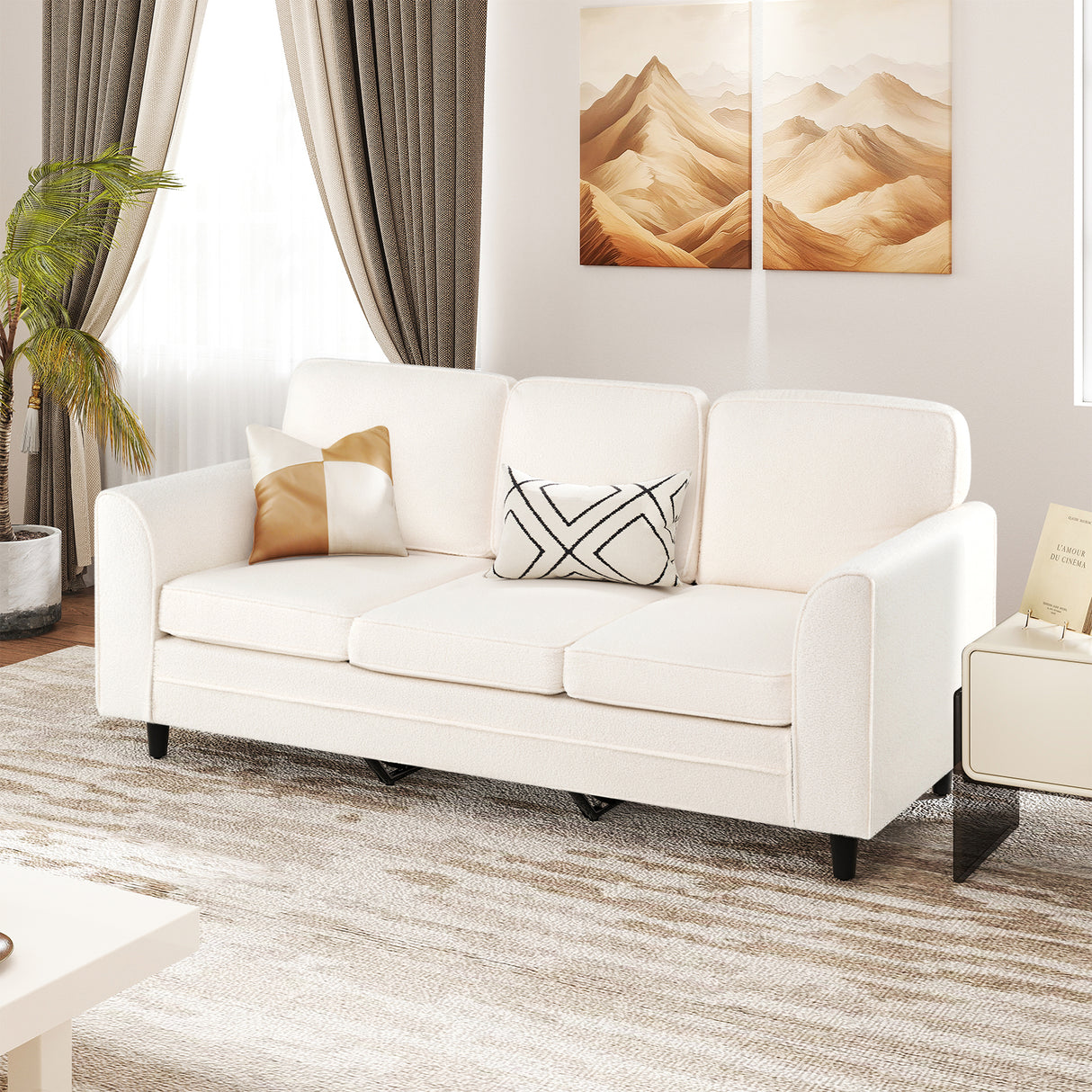 Upholstered Teddy Velvet 3-Seat Sofa with Comfy Back Pillows-White