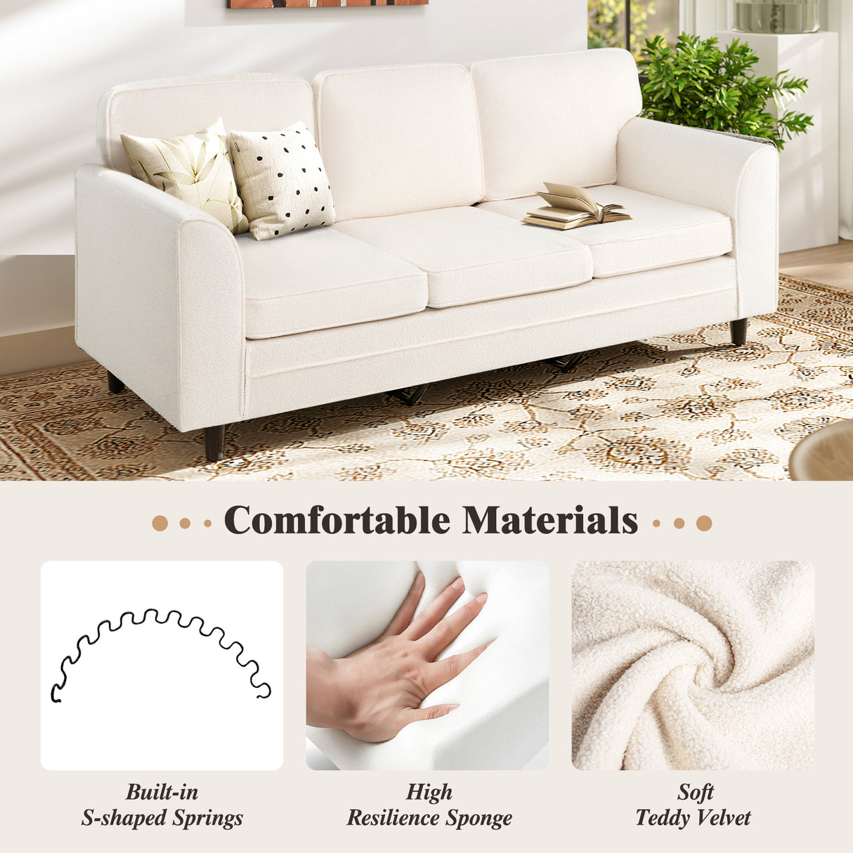 Upholstered Teddy Velvet 3-Seat Sofa with Comfy Back Pillows-White
