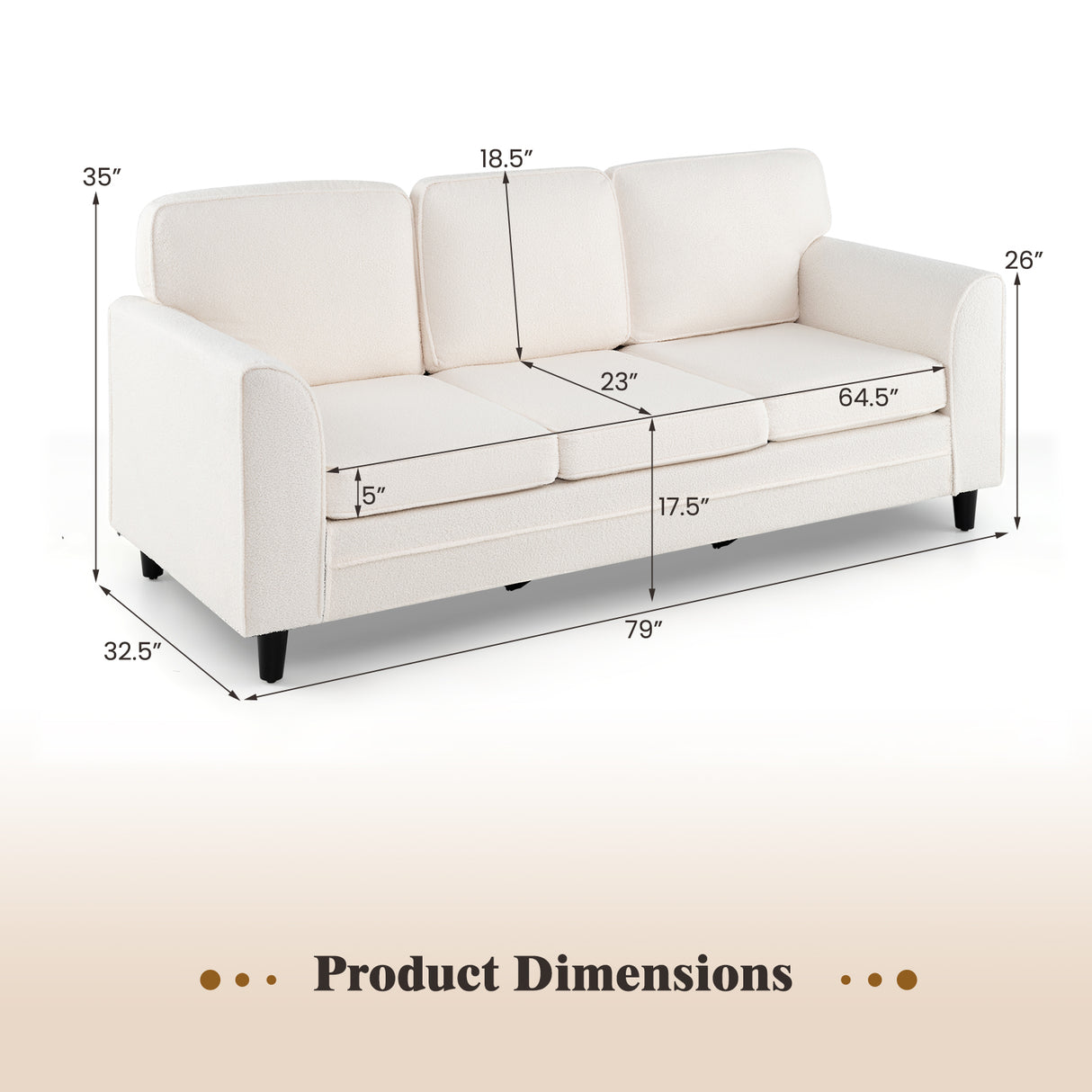 Upholstered Teddy Velvet 3-Seat Sofa with Comfy Back Pillows-White