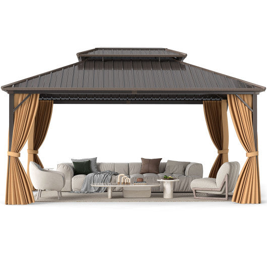 16 x 12 Feet Hardtop Gazebo Aluminum Frame Permanent Pavilion with Curtains and Netting-Coffee