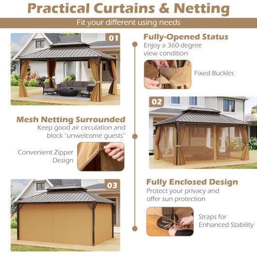 10 X 10 Feet Hardtop Gazebo with Netting and Curtain for Patio Backyard-Coffee