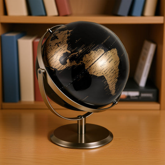 9-Inch Metallic Black World Globe with Metal Stand-Golden