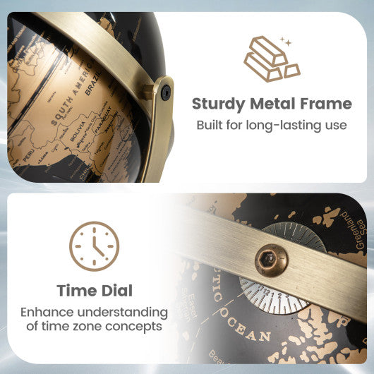 9-Inch Metallic Black World Globe with Metal Stand-Golden